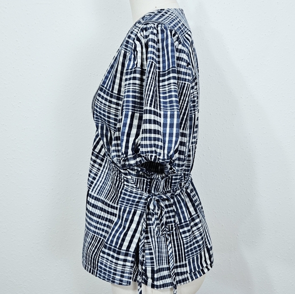 J. Crew Puff Sleeve Wrap Top Patchwork Indigo Blue Cotton Medium - Picture 6 of 10